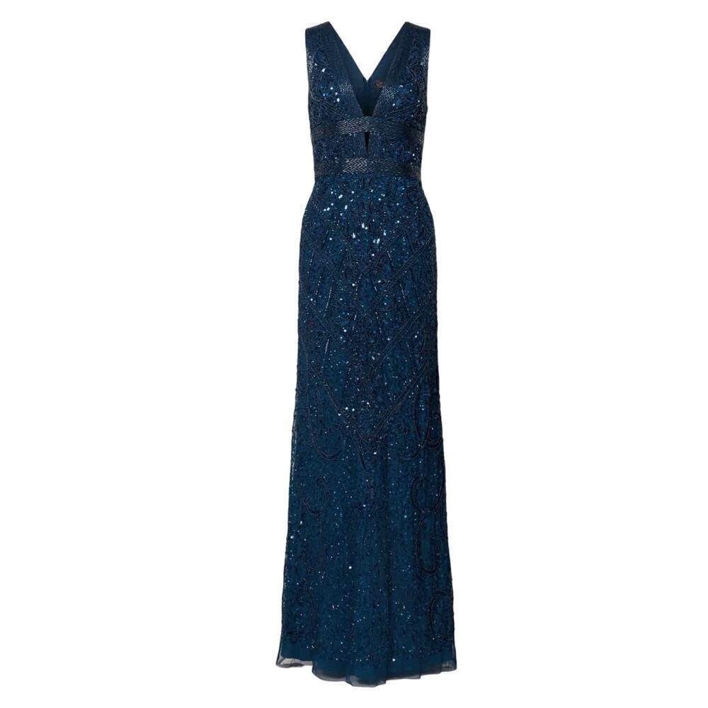 Adrianna Papell Beaded V-Neck Long Gown Deep Blue Special Event Formal Size 0